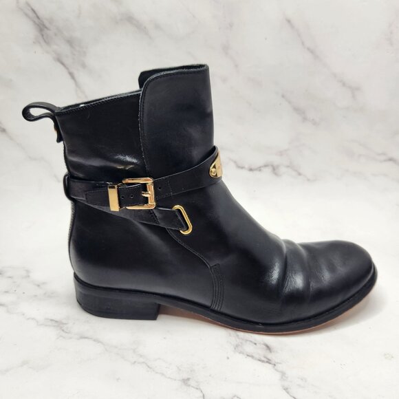 Michael Kors Arley Black Leather Ankle Boots Riding Booties Gold Hardwear 7.5 - Picture 1 of 6